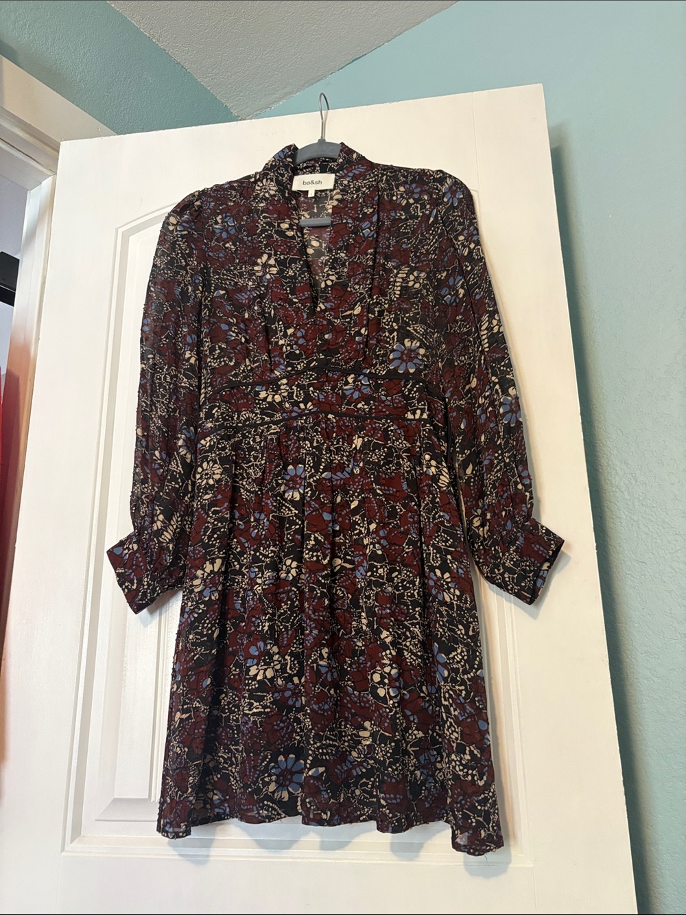 BA&SH Burgundy Floral Long-Sleeve Tiered Dress
